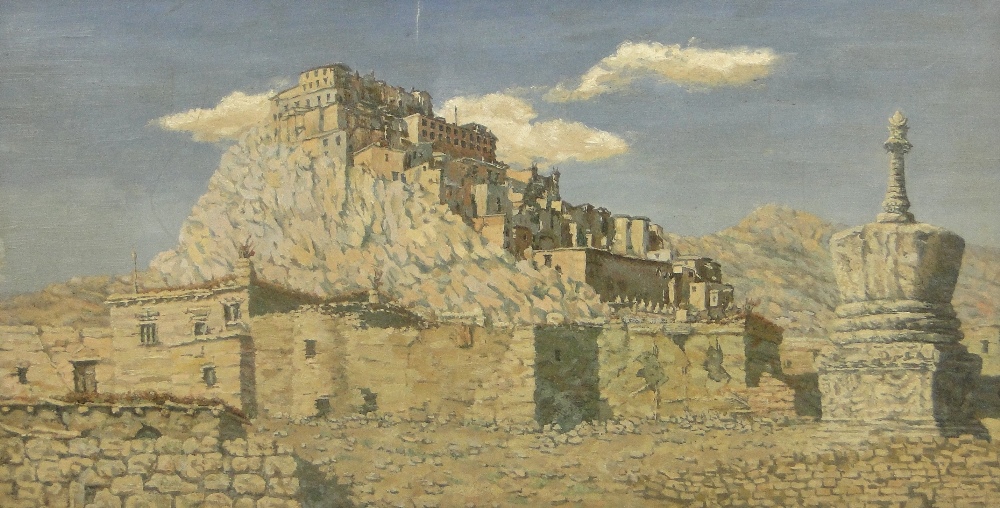 English School
oil on board circa 1920s, view of the Potala Palace, Lhasa, Tibet, unsigned, 13" x