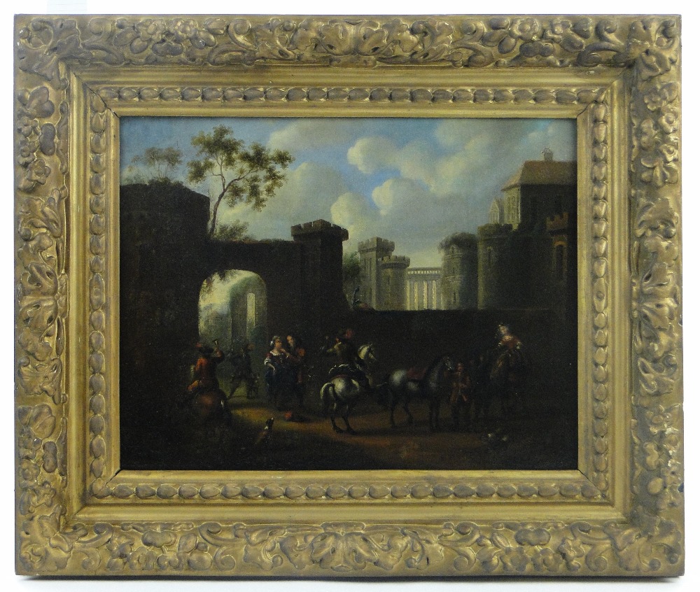 Follower of Pieter Wouwerman
18th century oil on canvas, a hunting party in a courtyard, unsigned,