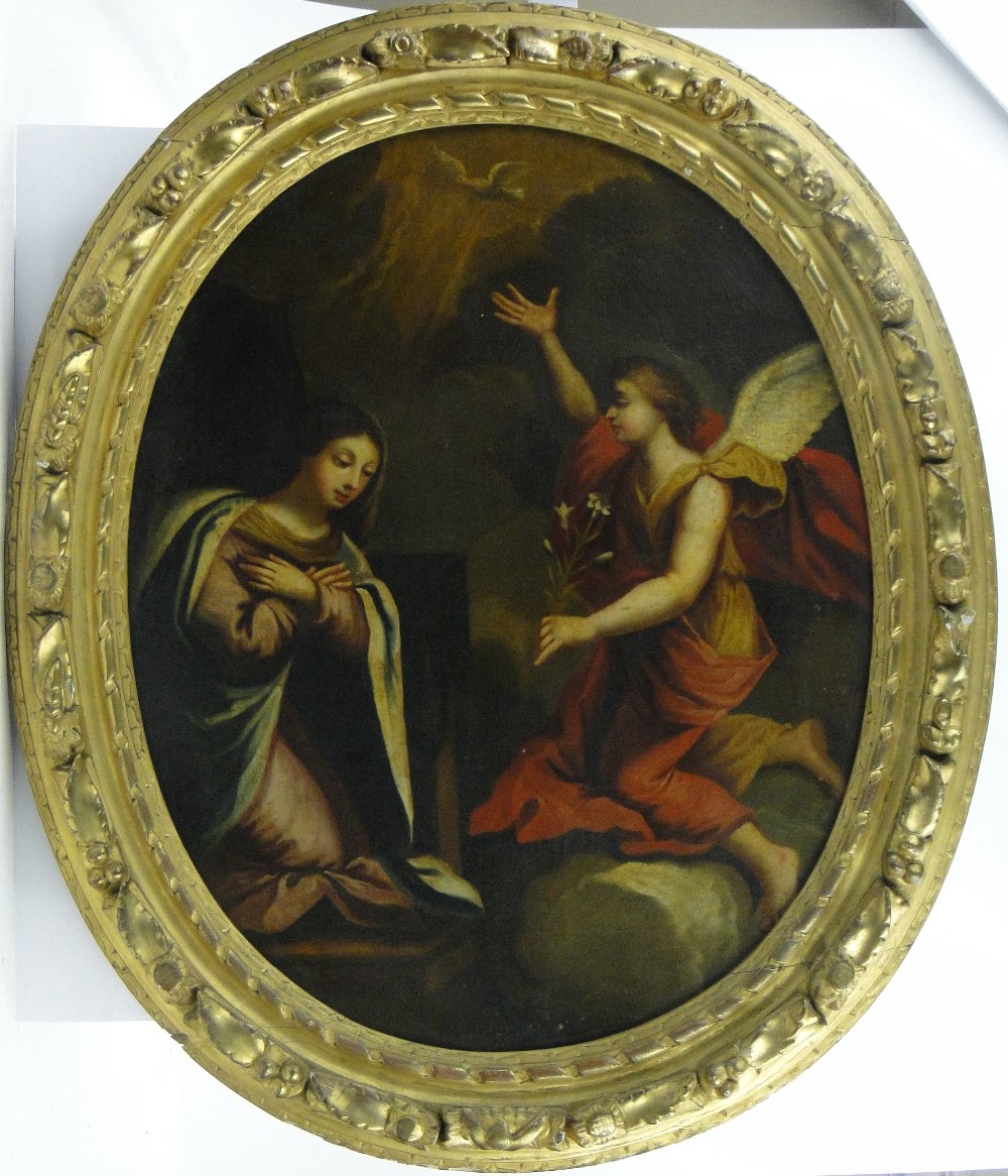 17/18th century oil on canvas, The Annunciation, unsigned, 29" x 24", period carved giltwood frame.