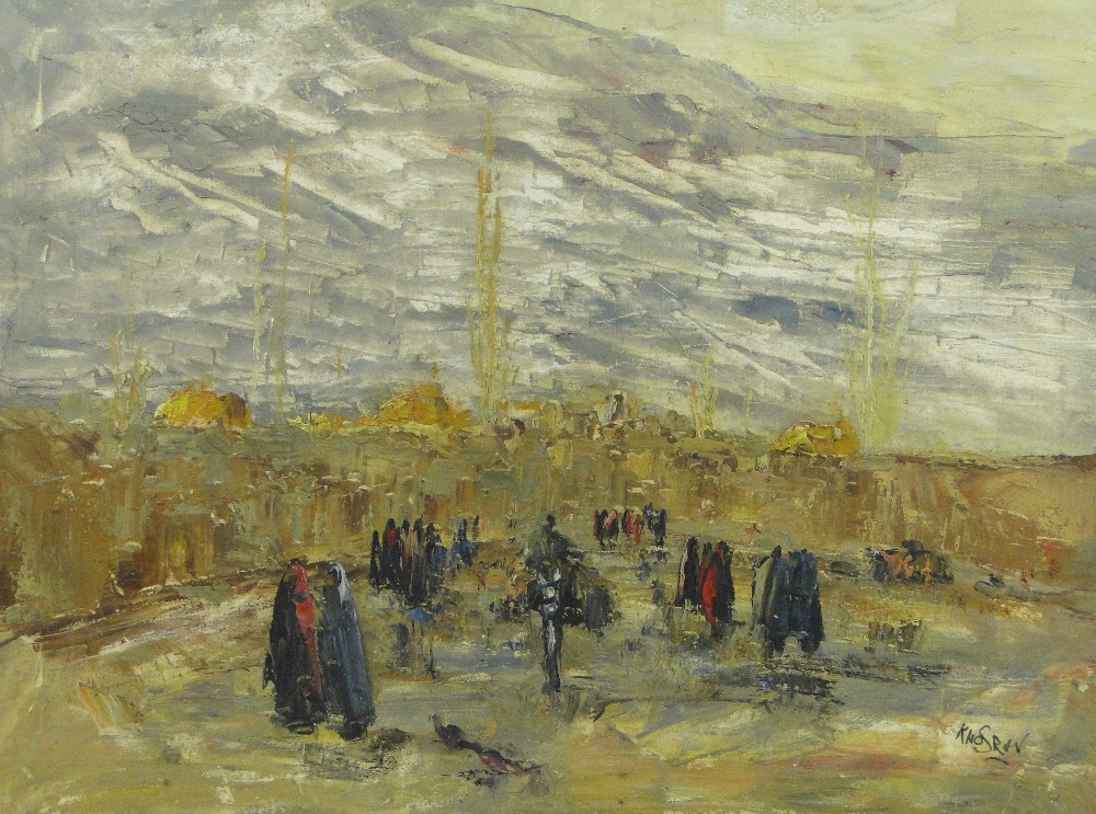 Middle Eastern School
oil on canvas circa 1960s, impressionist city scene with figures, indistinctly