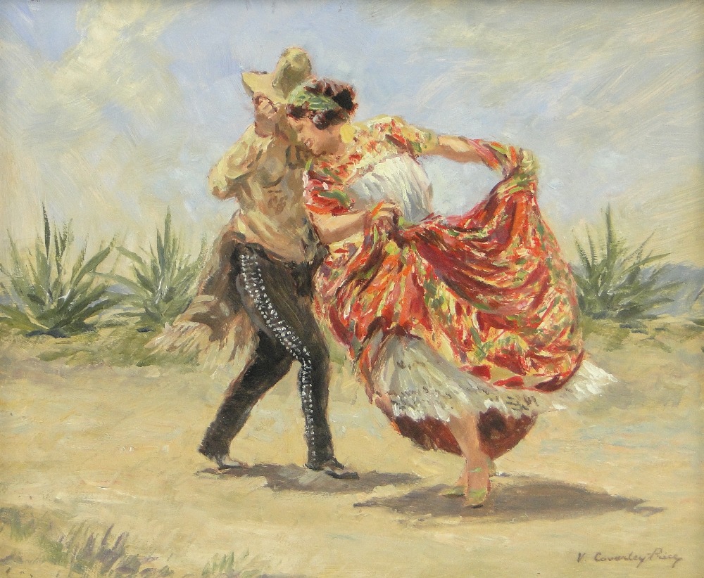 Victor Coverley-Price (1901-1988)
oil on board, South American figures dancing in the fields,
