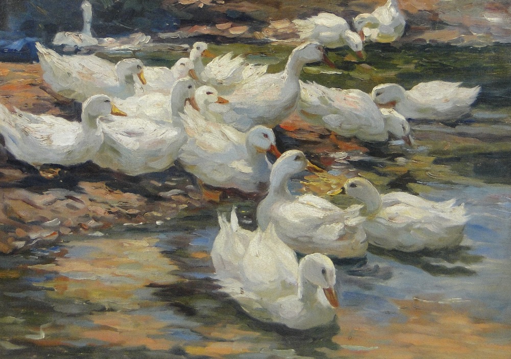 Manner of Alexander Koester (1864-1932)
oil on canvas, ducks at the edge of the pond, unsigned, 19.