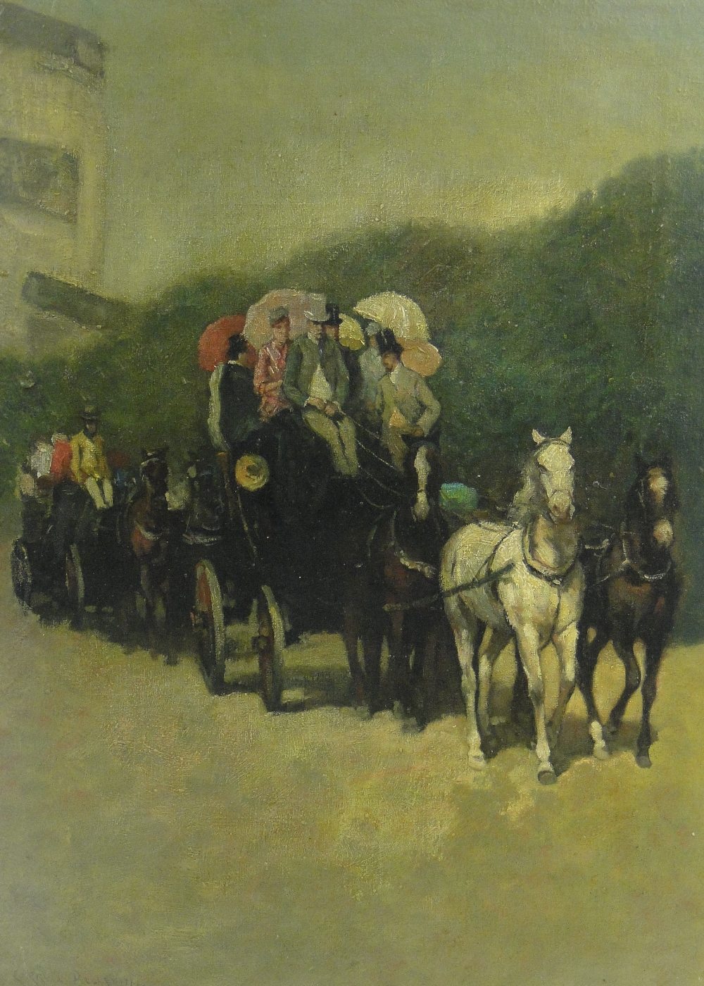 Oil on canvas, 2 horse drawn coaches on a country road, indistinctly signed, 25.5" x 18.5",