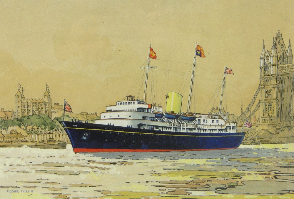 Edgar Pullin
watercolour/gouache, Royal yacht Britannia near Tower Bridge, signed, 8.5" x 12",