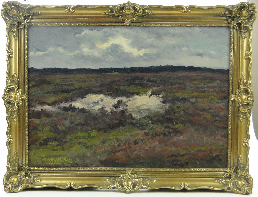 Oil on board, moorland landscape, indistinctly signed N R Brewer? 19" x 27", framed.