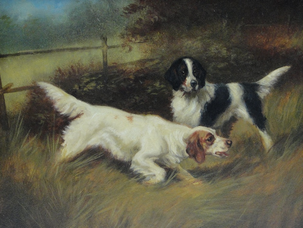 Early 20th century oil on board, gun dogs in the field, unsigned, 8" x 10.5", framed.