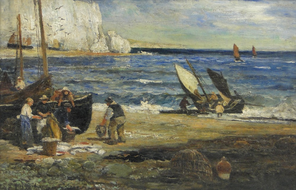 John Robertson Reid (1851-1926)
oil on canvas, fisherfolk unloading the catch on the beach,