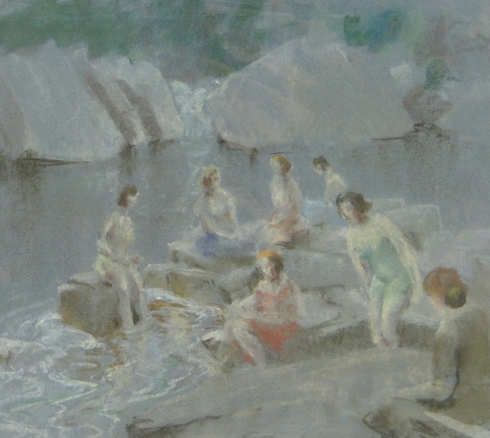 Myles Tonks (1890-1960)
coloured pastels on blue paper, girls bathing at a rock pool circa 1920,