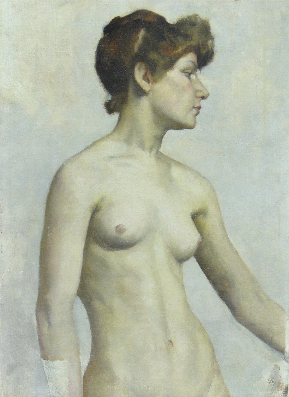 Norman Hirst (1862-1956)
oil on canvas, 3/4 length female nude circa 1890s, 15" x 11", unframed.