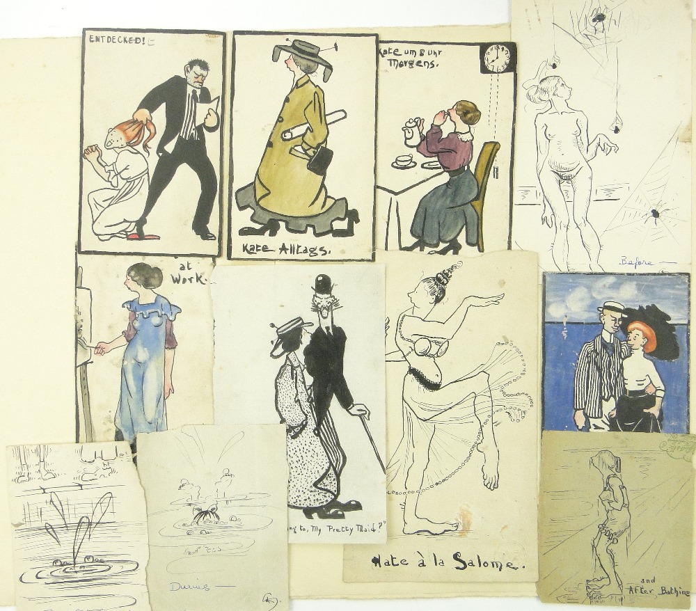 Folder of Edwardian humorous watercolours and sketches.