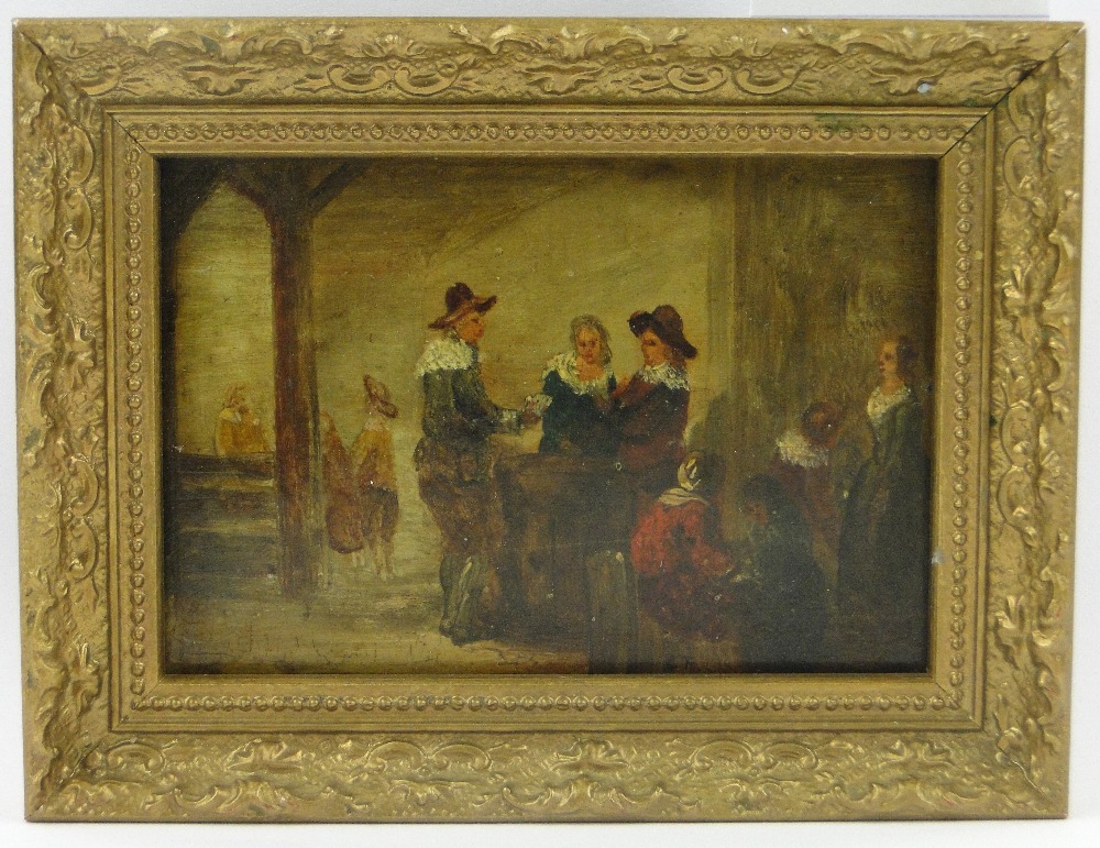 18/19th century miniature oil on panel, tavern interior scene, signed with initials C T, 3.5" x 4.