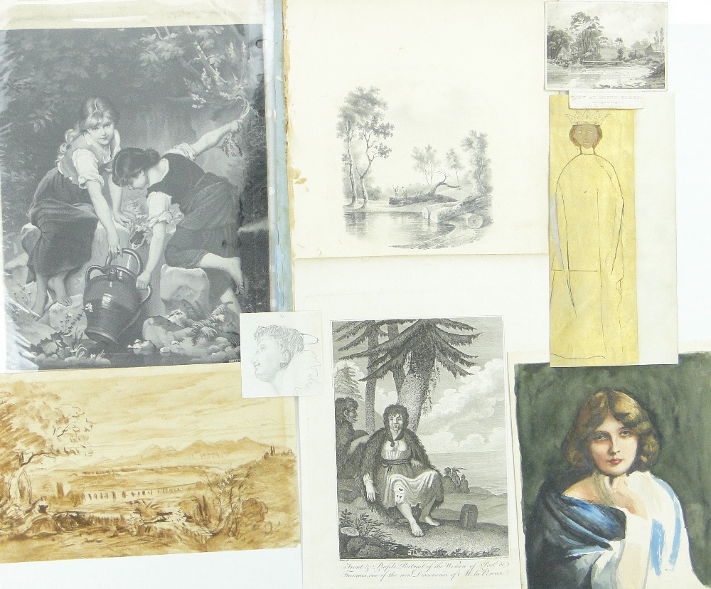 Folder of 19th century drawings, prints and ephemera.