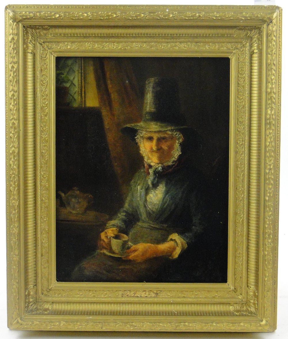 Welsh School
19th century oil on canvas, portrait of a woman drinking tea, unsigned, 18" x 14",