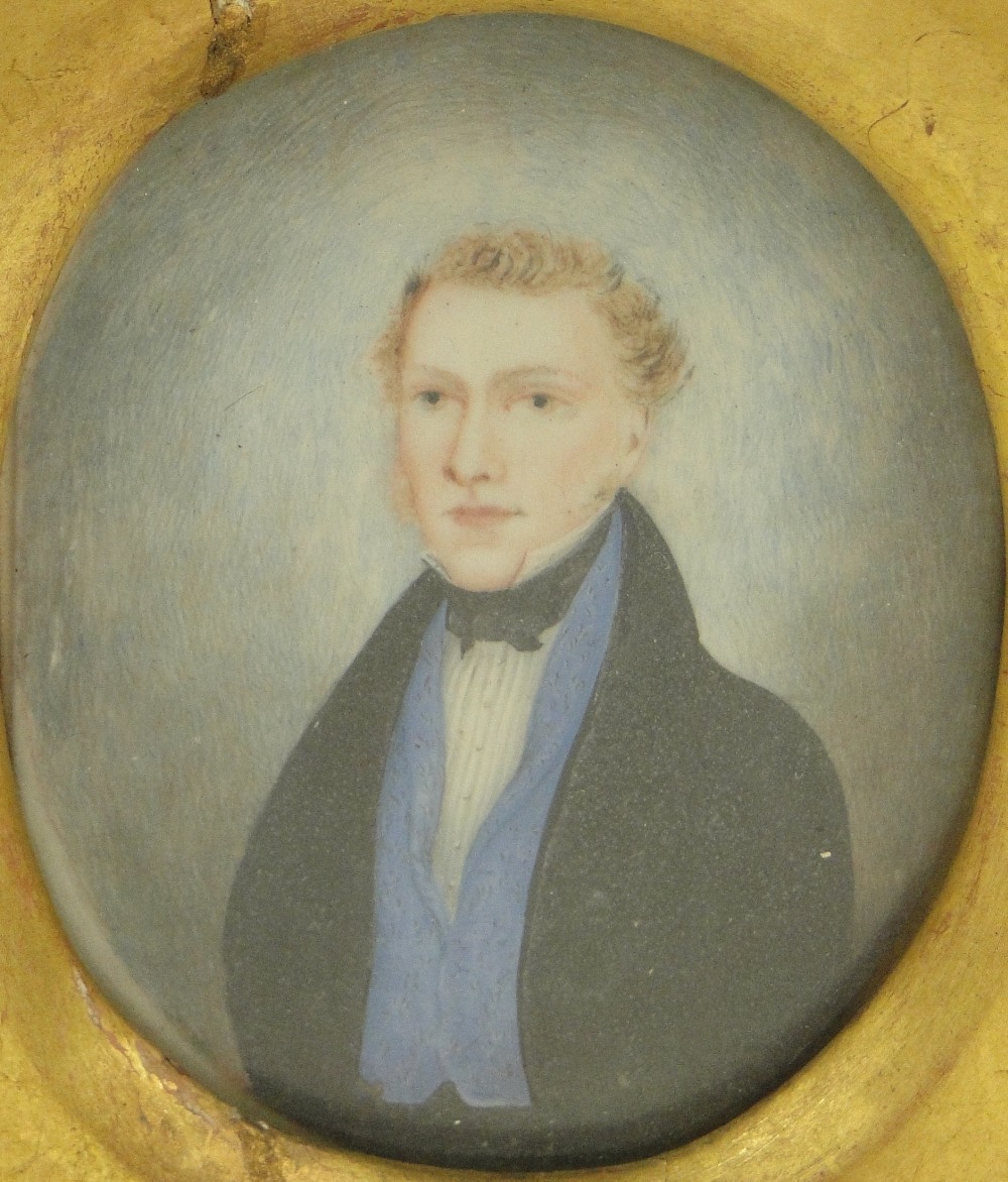 19th century miniature painting on ivory, half length portrait of a gentleman, unsigned, 2.75" x 2.