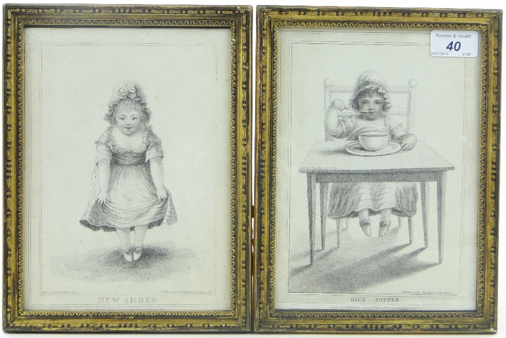 M Bovi
pair of 18th century etchings, "Nice Supper" and "New Shoes", Published 1791, 8.75" x 6.5",