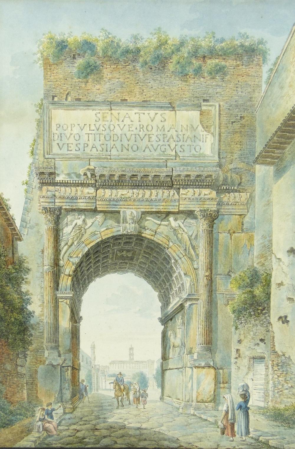 Italian School
19th century watercolour, figures under a Roman archway, unsigned, 17" x 11.5",