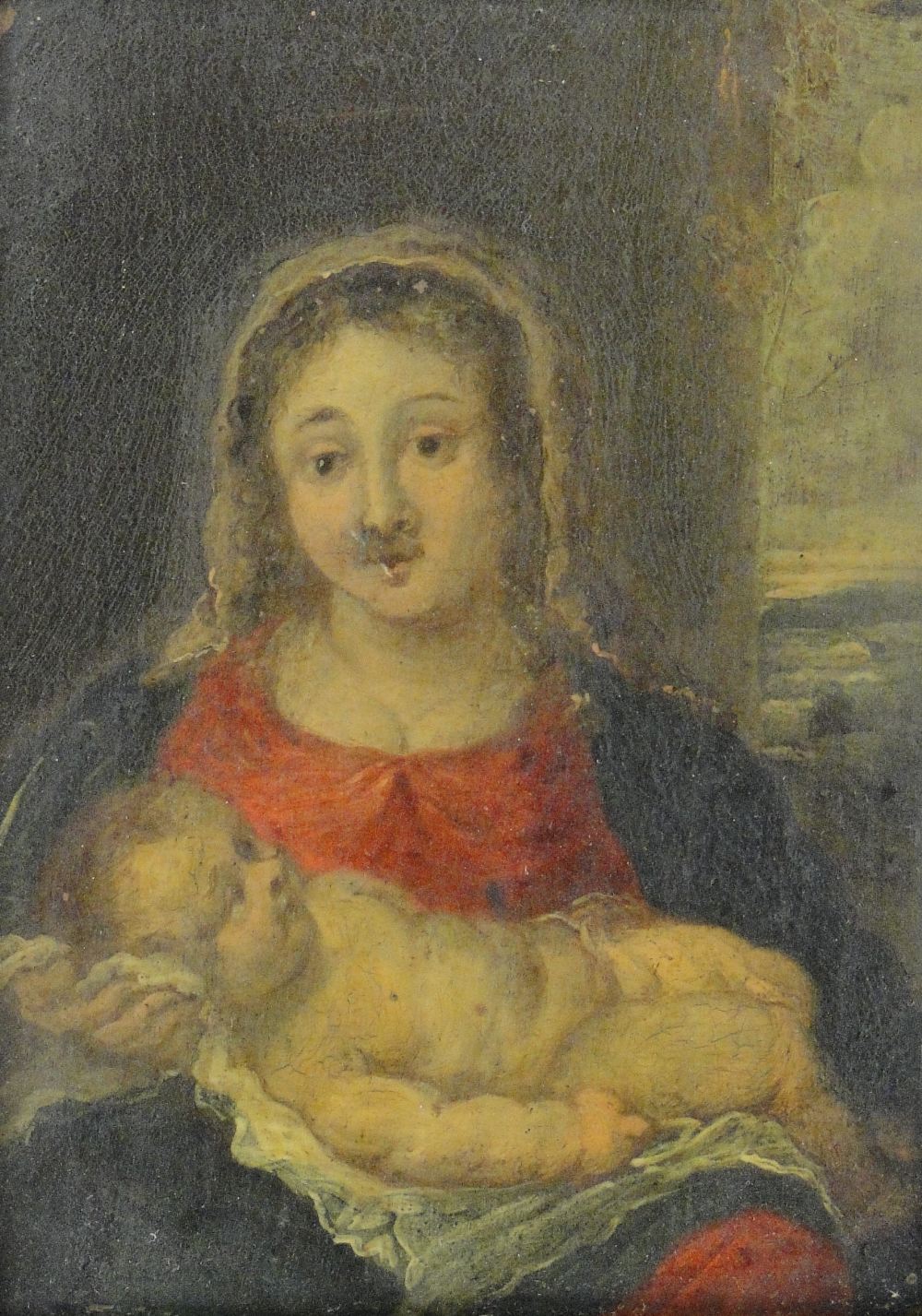 18th century oil on copper, Madonna and child, unsigned, 4" x 3", framed.