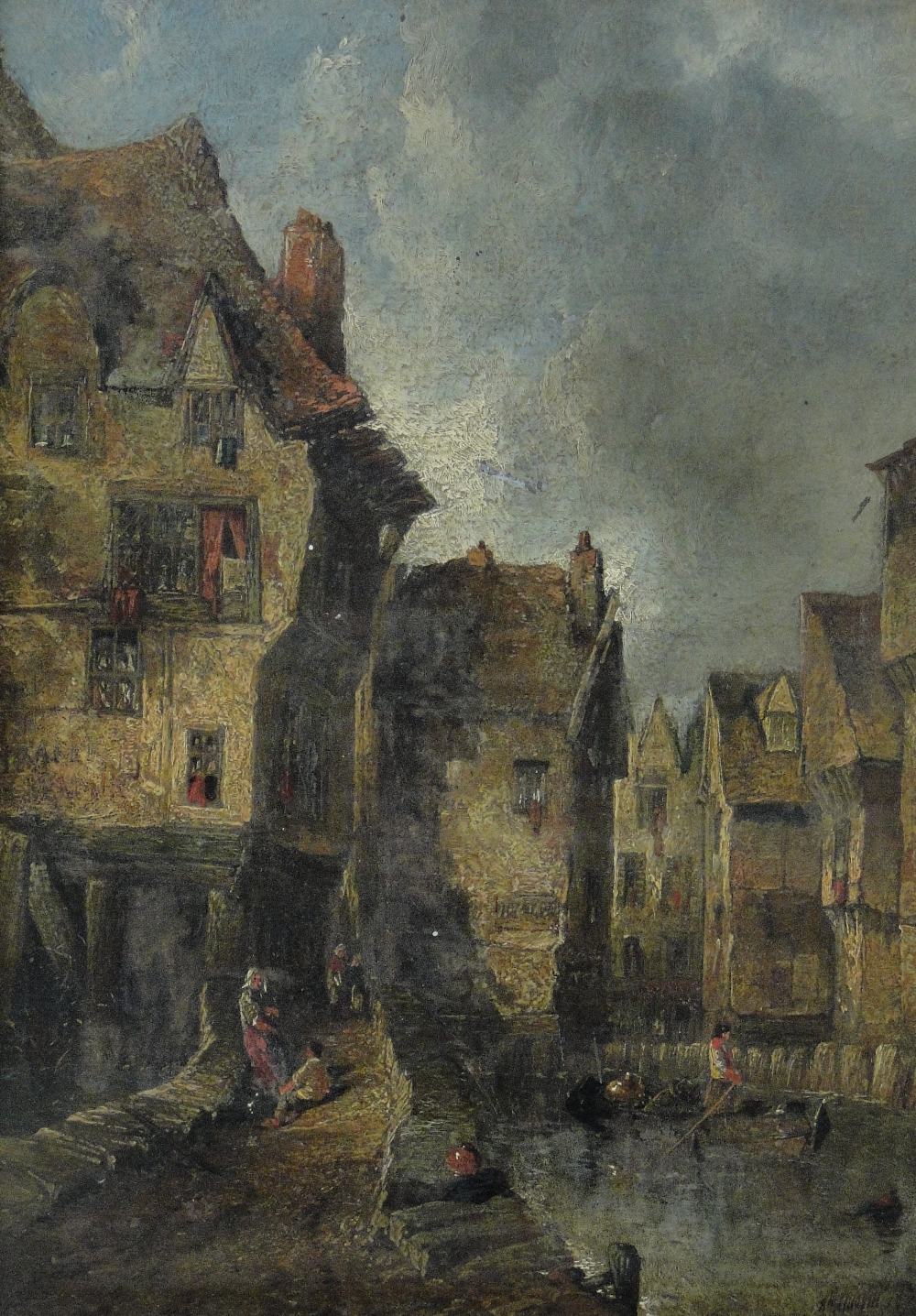 Continental School
19th century oil on board, backstreet canal scene, indistinctly signed, dated