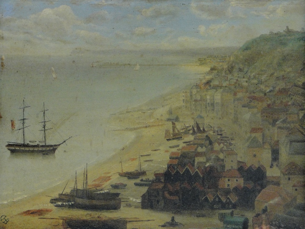 19th century oil on board, extensive view over Hastings from the East Cliff, signed with