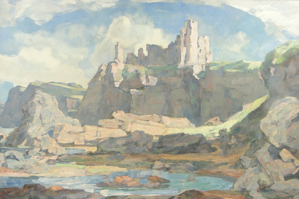 Modern British School
oil on canvas, rocky coastal scene with castle ruins above (possibly Channel