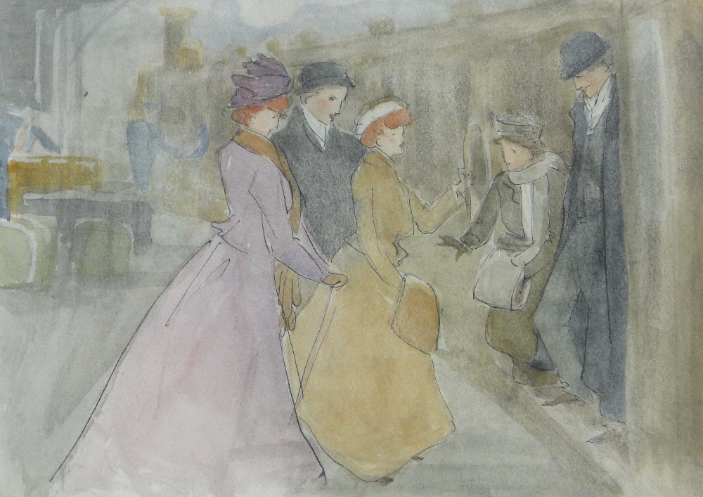 Arthur Hacker RA (1858-1919)
pen and watercolour, departure from Charing Cross station, 7" x 10",