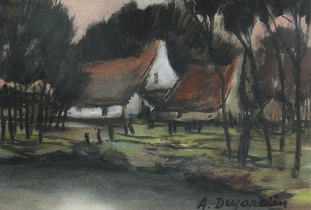 A Dujardin
mixed media, impressionist houses by a pond, signed, 8" x 12", framed.