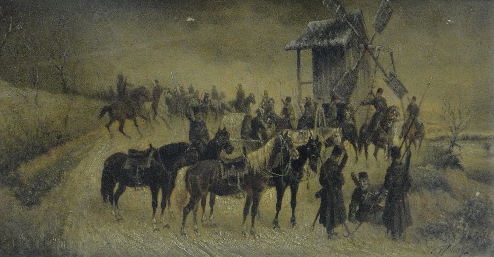 E Wolsky
19th century oil on panel, Cossacks and horses resting beside an old windmill, signed, 10.