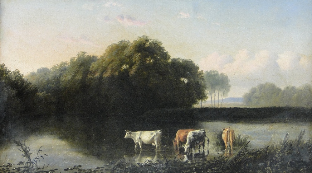 19th century oil on canvas, cattle in extensive river landscape, unsigned, 13" x 22", framed.