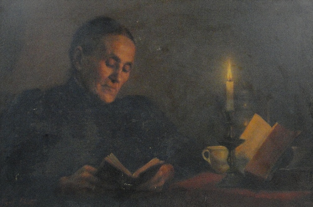 Cyril Chitty
19th century oil on canvas, woman reading by candlelight, signed, 20" x 30", framed.