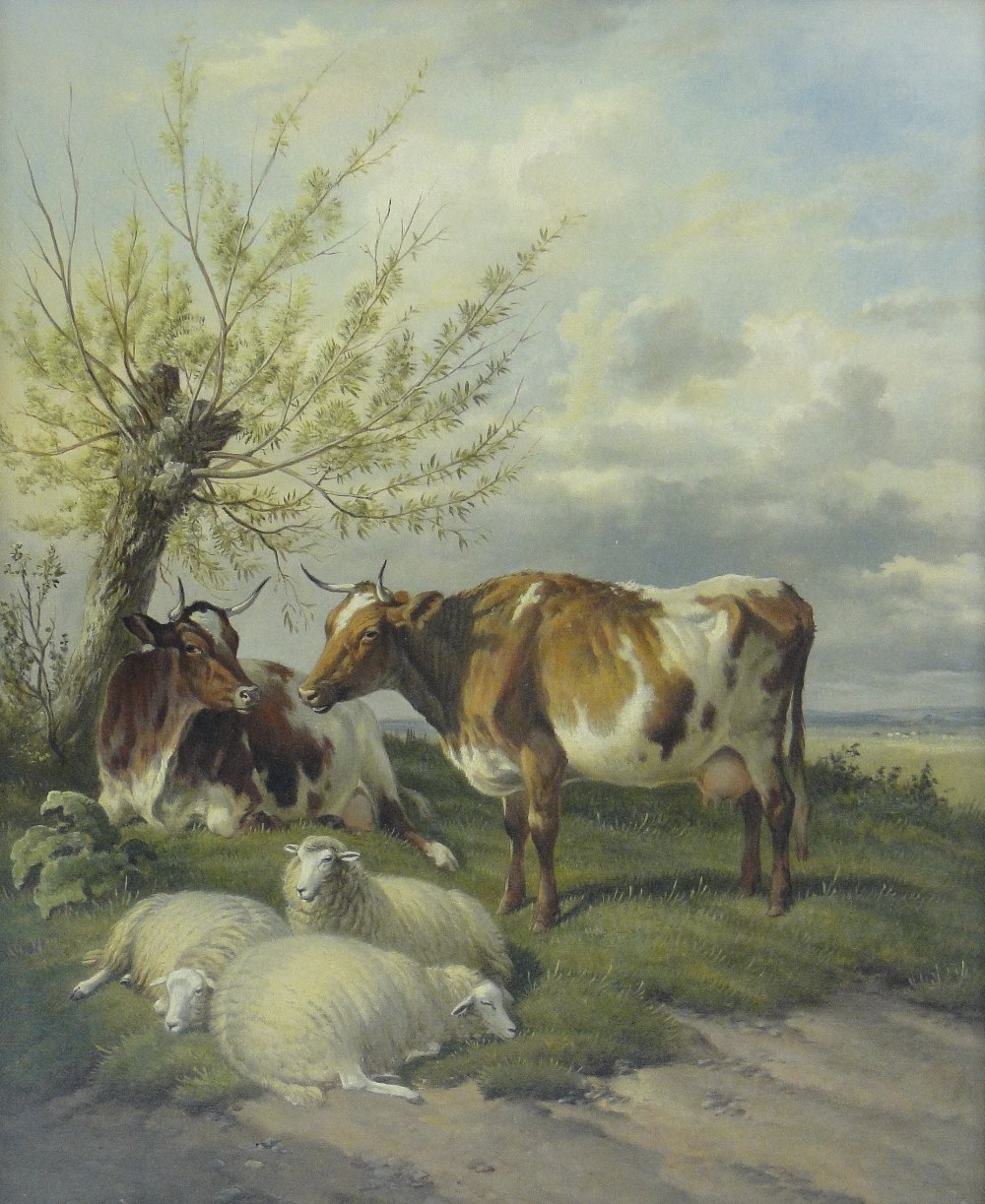 Thomas Sidney Cooper (1803-1902)
oil on canvas, detailed study, cattle and sheep on a hilltop,