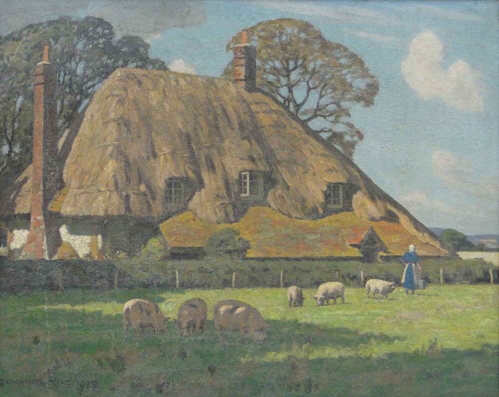 Gunning King (1859-1940)
oil on canvas, woman feeding pigs outside a thatched farmhouse, signed