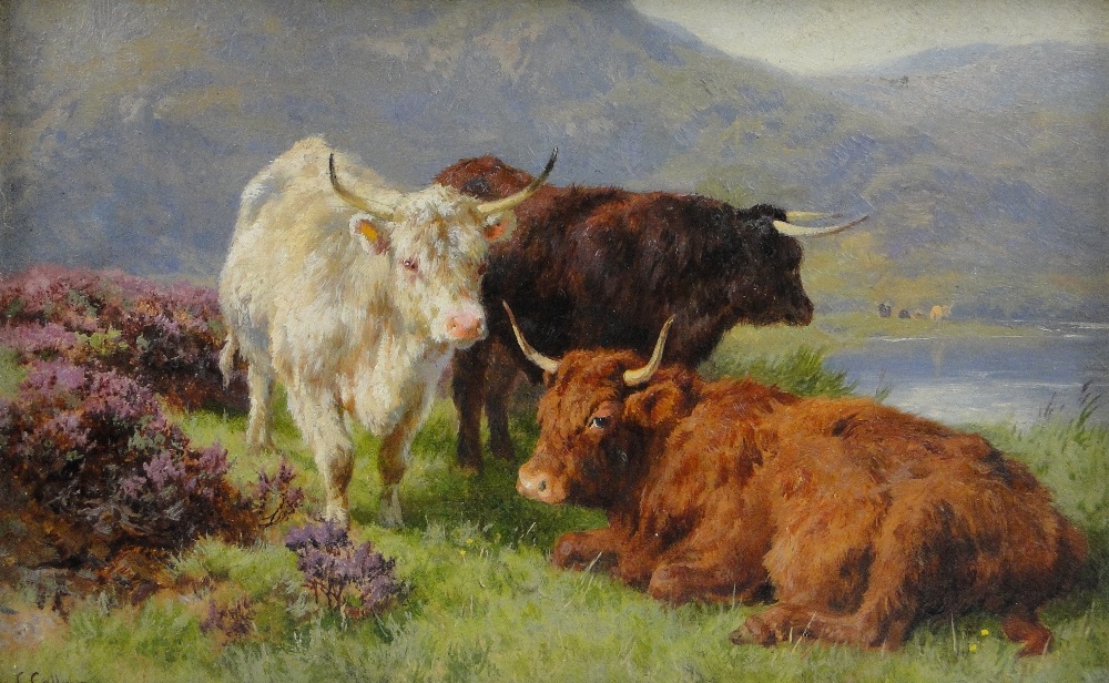 Charles Collins
oil on board circa 1900, Highland cattle on a hilltop, signed, 5" x 8", framed.