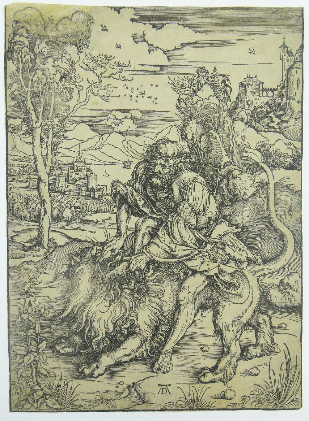 Albrecht Durer (1471-1528)
Old Master woodcut print, Samson and the lion, early collection stamps