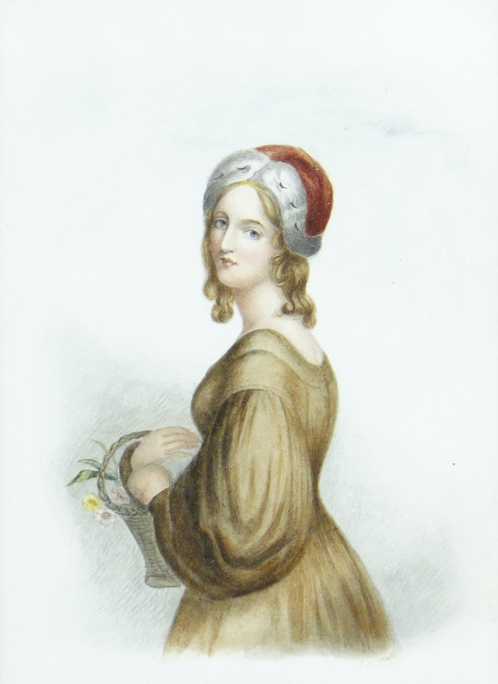 19th century miniature watercolour, half length portrait of a young woman, signed with initials E C,