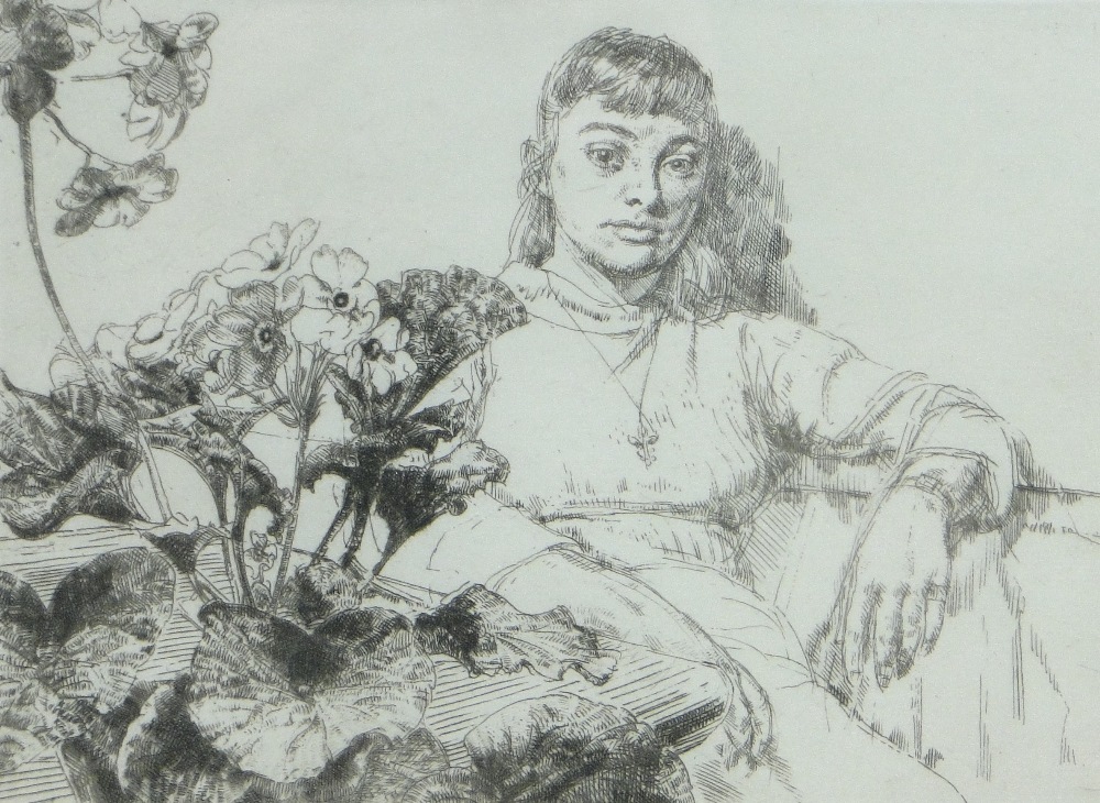 Hubert Andrew Freeth (1912-1986)
etching, girl with primulas, signed in pencil, p 5.75" x 8",