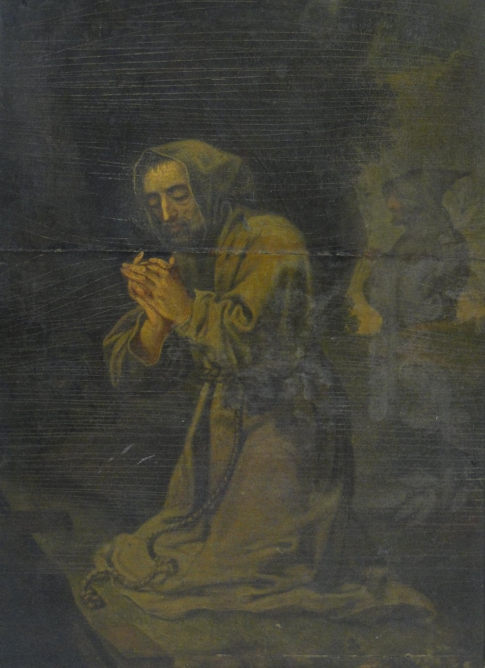 18/19th century oil on wood panel, a praying monk, unsigned, inscribed verso "Beluccia" (?) 15" x