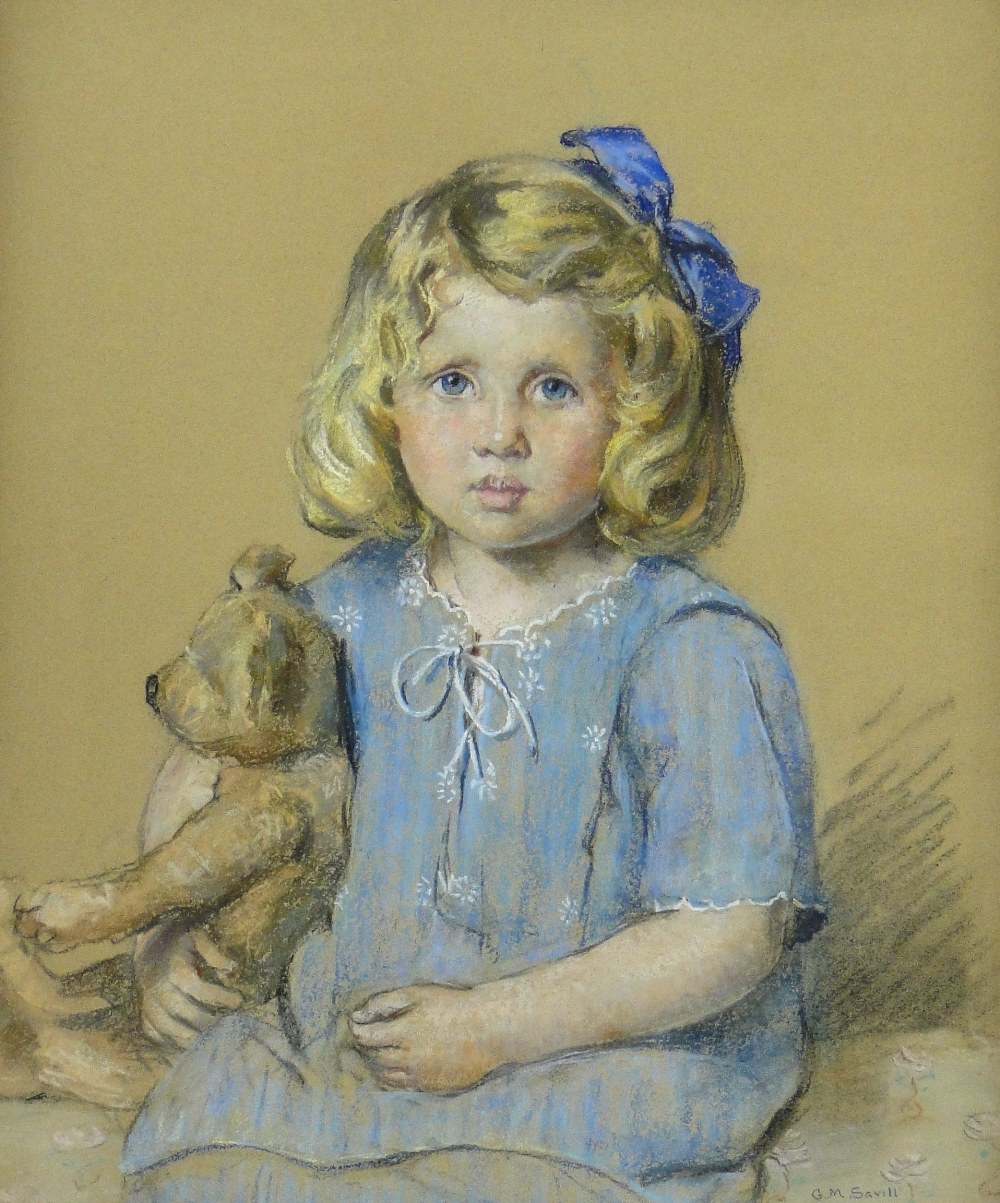 G M Savill
coloured pastels, girl with a teddybear 1921, signed, 23" x 18.5", framed.