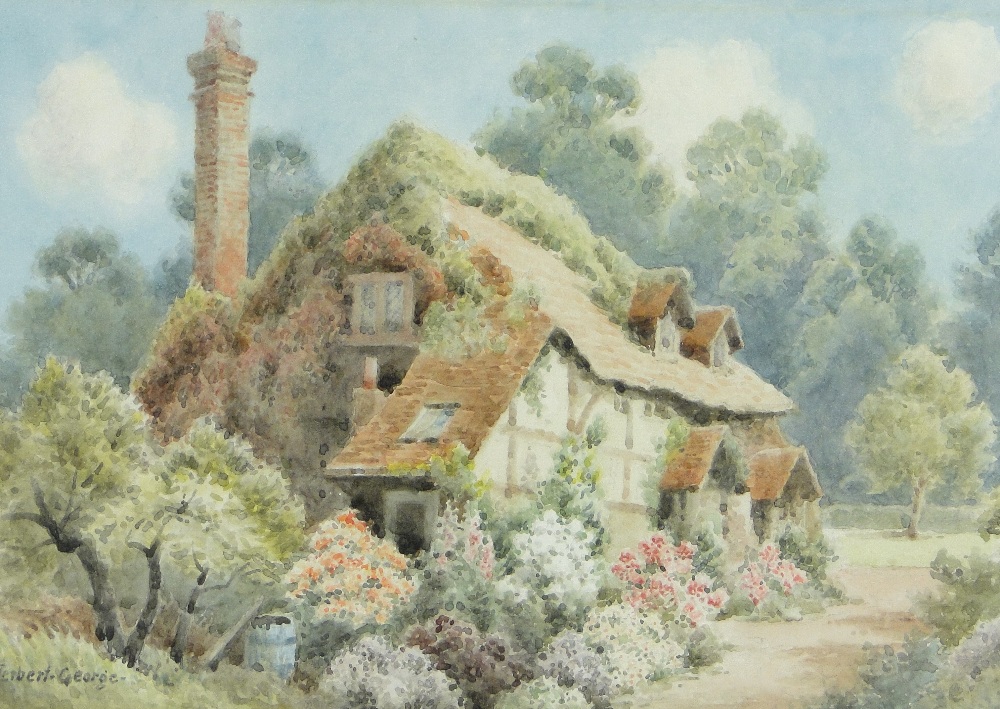 Herbert George
watercolour, timber framed cottage, signed, 10" x 14", framed.