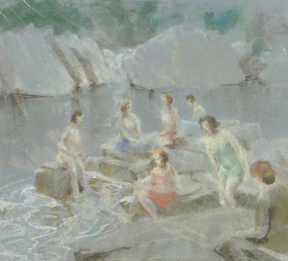 Myles Tonks (1890-1960)
coloured pastels, girls bathing at a rock pool, circa 1920, 11.5" x 12.