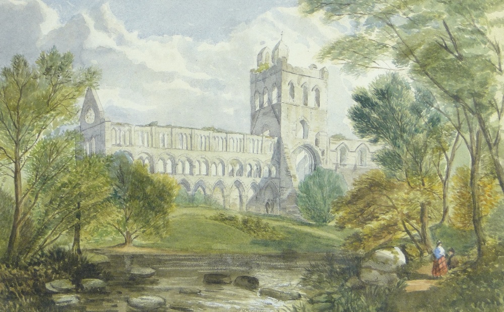 Follower of Thomas Girtin
18/19th century watercolour, Jedburgh Abbey from the river, unsigned,