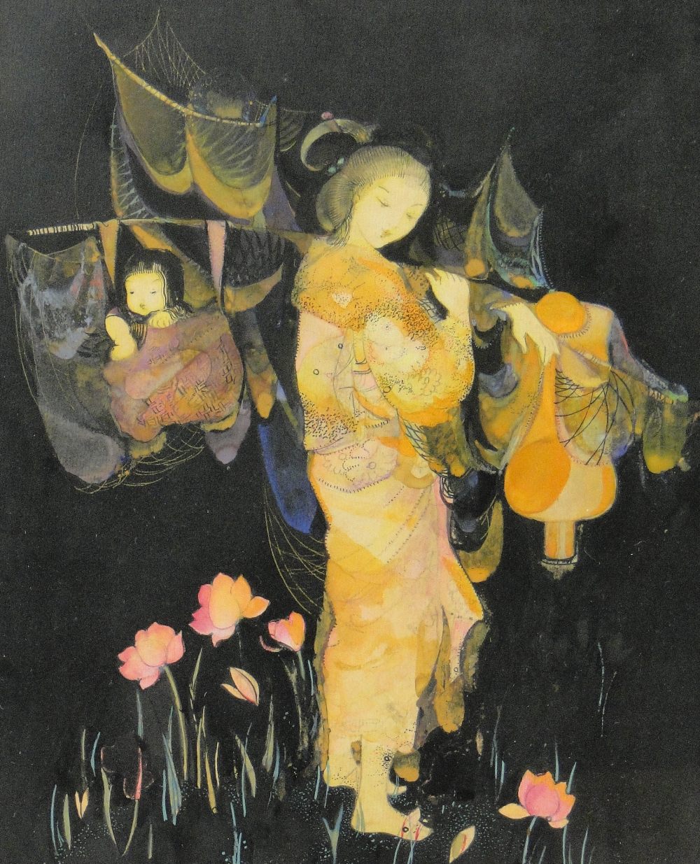 Katie Blackmore
watercolour on black paper, Oriental woman and child walking through lotus