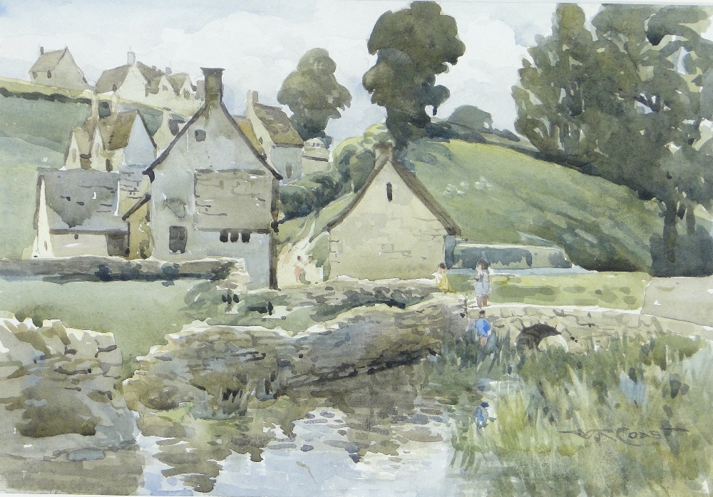 Henry P Stevens (Exb. 1919-1937)
watercolour, Cotswold landscape with figures, 9.25" x 13.5",