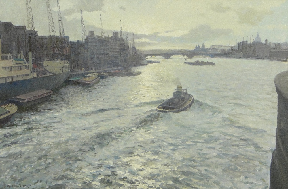 William Eric Thorp R S M A (1901-1993)
oil on board, twilight on The Thames, signed, 20" x 29.5",