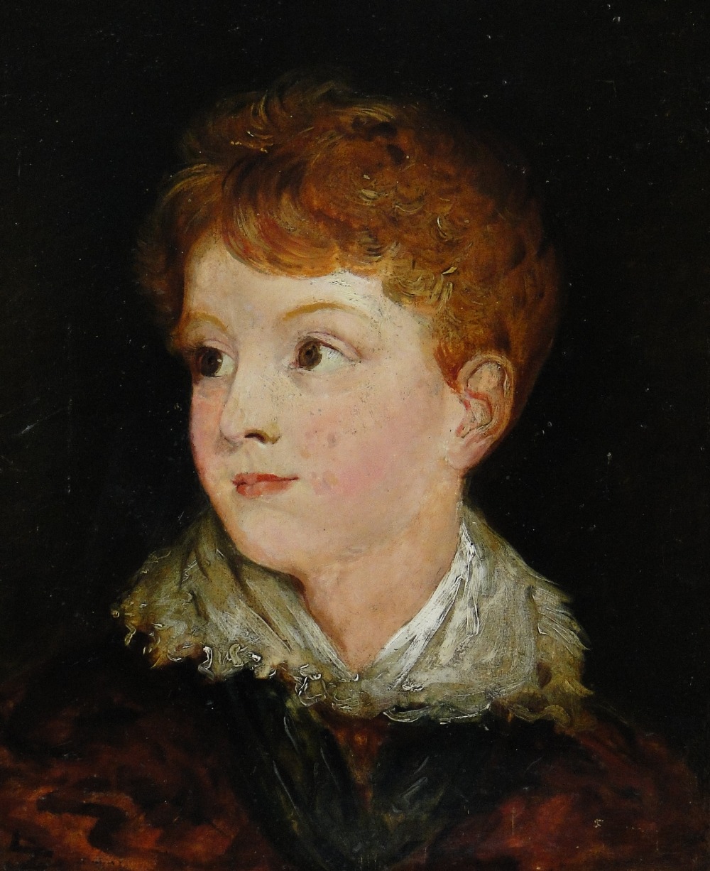 19th century oil on oak panel, head and shoulders portrait of a young boy, signed with initials J