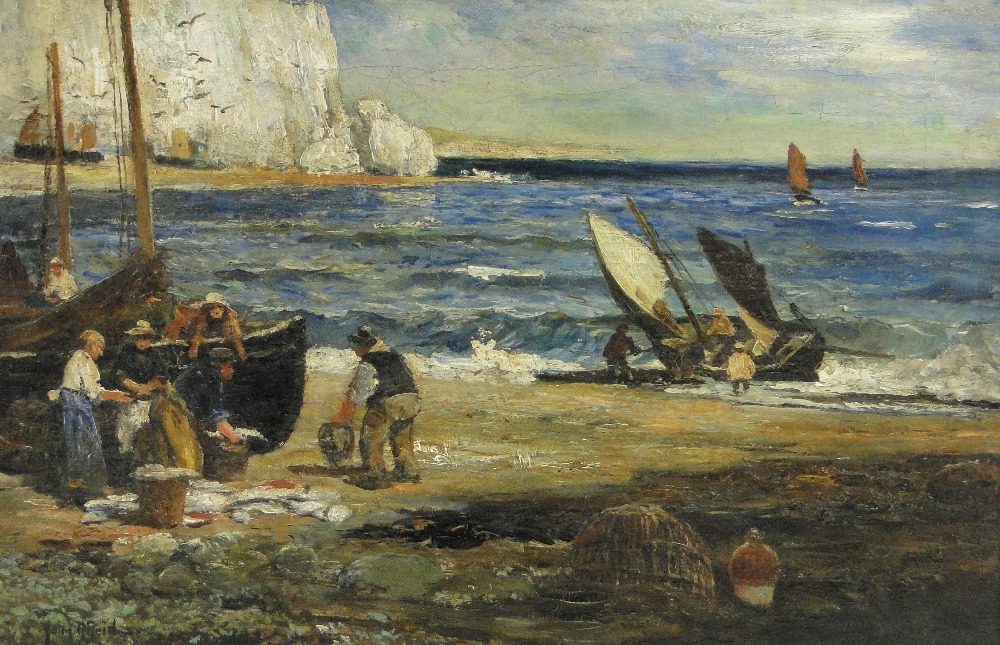 John Robertson Reid (1851-1926)
oil on canvas, fishermen unloading the catch, signed, 14" x 21",