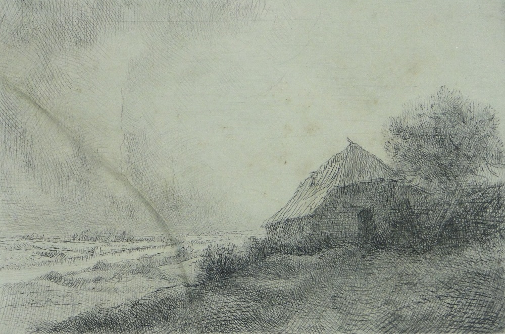 A Legros
2 etchings, rural building and portrait of a man, 1 signed in pencil, both framed, (2).