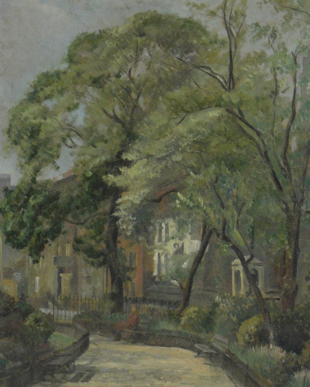 Camden Town School
Mid 20th century oil on canvas laid on board, figure on a park bench in Camden