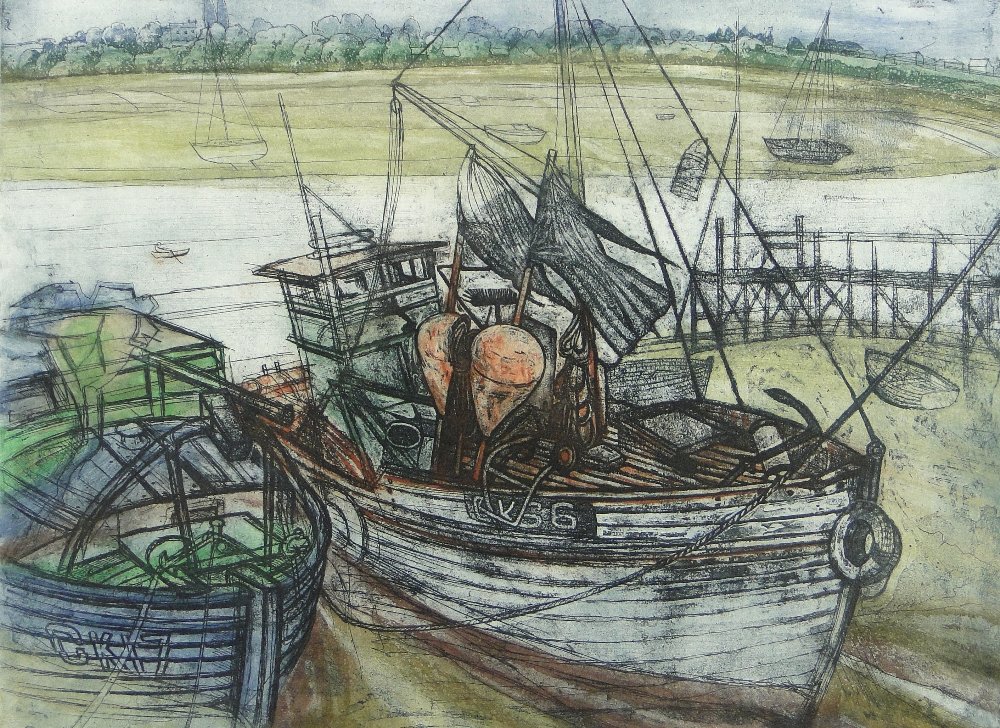 Richard Bawden
coloured etching, on the mud, Wivenhoe, signed and titled in pencil, no. 42/75, p 16"