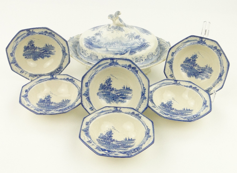 Victorian "Northern Scenery" vegetable tureen and cover and 6 Royal Doulton "Norfolk" bowls.