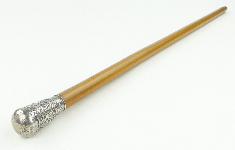 A sword stick with embossed silver knop depicting Oriental figures and foliage.